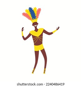 Man, male dancer in carnival costume with feathers, isolated on white. Hand drawn cartoon character vector illustration. Brazilian, Colombian carnival concept, design element for poster, flyer, banner