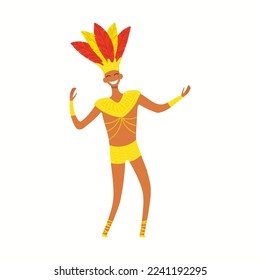 Man, male dancer in carnival costume with feathers, isolated on white. Hand drawn cartoon character vector illustration. Brazilian, Colombian carnival concept, design element for poster, flyer, banner