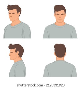 man, male face portrait, Front, profile, side view and back, vector illustration