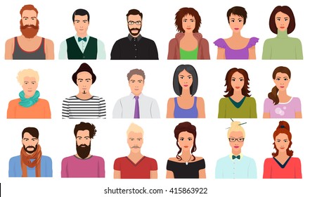 Man Male and Female woman character face avatar icons in different clothes and hair styles set.