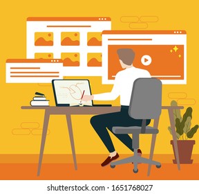 Man male freelancer  laptop desk sit back computer display laptop web 