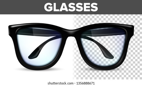 Man Male Glasses Vector. Black Classic Eyewear Glasses. Vision Optical Lens. Transparent 3D Realistic Illustration