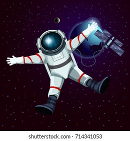 Man or male in spacesuit in front of satellite, earth planet and moon. Cartoon cosmonaut or astronaut, spaceman flying in outer or open space. Universe and cosmos discovery theme