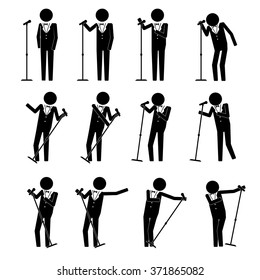 man male in suit doing performance sing & speech with moves info graphic icon vector sign symbol pictogram