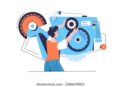 Man manage complex mechanism, vector illustration. Correcting gears and managing concept.