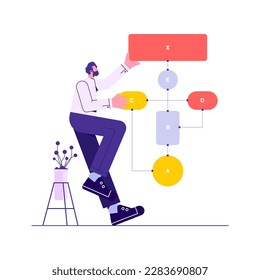 Man manage flow diagram drawn. Concept of workflow process chart or scheme, strategic planning, business system or structure