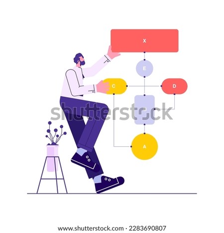 Man manage flow diagram drawn. Concept of workflow process chart or scheme, strategic planning, business system or structure