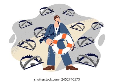 Man manager carefully overcomes career path with many pitfalls, holding life preserver in hands. Manager crisis management specialist is trying to find way to solve difficult situation for company.