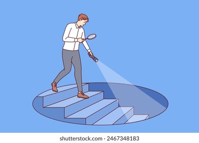 Man manager conducts in-depth analysis of business to find strategic advantages, going down stairs. Strategic analysis of risks and opportunities from analyst using flashlight and magnifying glass