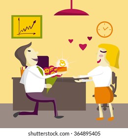 Man Manager gets down on one knee and gives the ring woman on Valentine's Day in the office. Flat isolated vector illustration