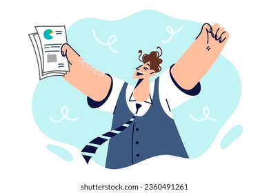 Man manager makes winning gesture, holding documents with good business report for board of directors. Business person celebrating triumph after successful financial year end or record profit