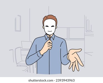 Man manager in mask extends palm for handshake, for concept of deception and hypocrisy in business. Guy office clerk wants to deceive colleague or boss, using mask to substitute emotions.