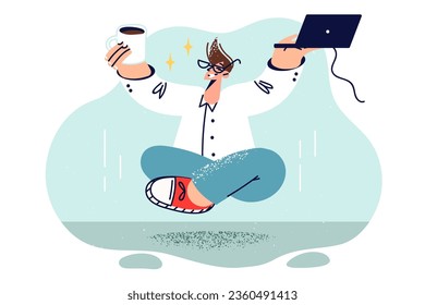 Man manager is meditating with laptop and mug of coffee in hands, floating in air thanks to good mood. Corporate manager doing yoga to improve work productivity and get rid of negative thoughts