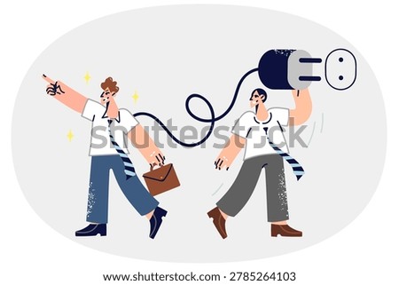 Man manager motivates subordinate to work by connecting employee to outlet, recharge after exhaustion. Boss uses motivation for extract additional profit by increasing working time of employees