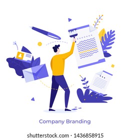 Man or manager painting paper document with brush. Modern concept of company branding, brand management, corporate identity, promotion and marketing. Flat cartoon colorful vector illustration.