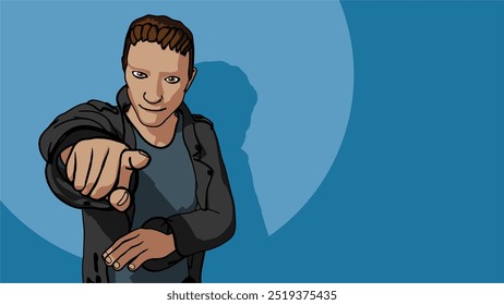 A man manager pointing, we want you on a blue copy space background, cartoon with bold lines
