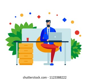 Man Manager sitting at his Desk with a laptop in the office at work. Vector illustration. Separate objects. Isolate.