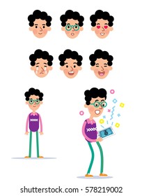 Man manager worker character holding tablet. Set of the face emotions. Vector illustration isolated on white background.