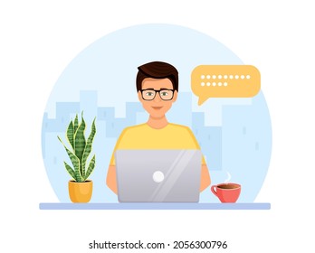 The man manager works at the computer and responds to messages. Vector illustration of call center and support service