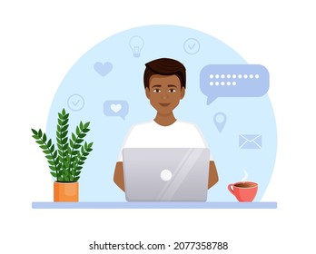The man manager works at the computer and responds to messages. Vector illustration of call center and support service
