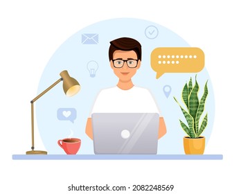 The man manager works at the computer and responds to messages. Vector illustration of call center and support service