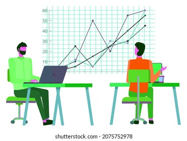 Man managers using laptop, people work with computer. Board with growth report, finance and investment. Vector office consultants, financial analytics