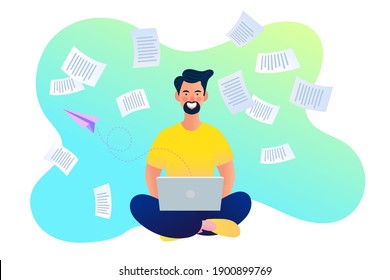 A man manages a lot of documents and information on the computer. Office worker busy with work. Too much work. vector