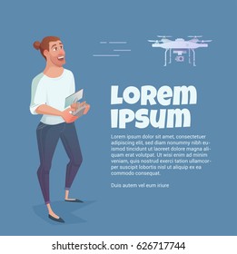 Man manages drone quadcopter, game modern, businessman. On a blue background in the vector illustration in the style of cartoon.