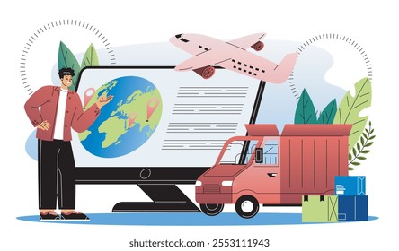 Man manages global delivery. Young guy near truck, airplane and computer monitor with global map. Logistics and transportation, shipping. Flat vector illustration isolated on white background