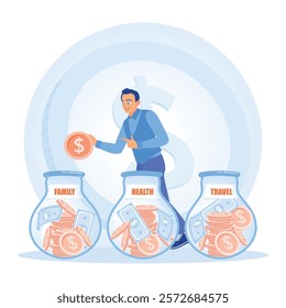 A man manages his finances by saving money in a jar. Financial planning for family, health, and travel. Investing money in self-development concept. Flat vector illustration.