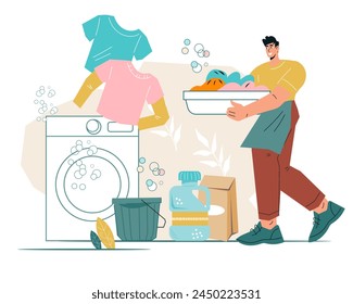 Man manages the laundry, housekeeping and housework to keep the dwelling clean and tidy. House cleaning and household chores concept, flat cartoon vector illustration isolated on background.