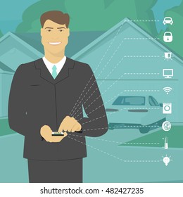  Man manages programs you smart home phone . Vector