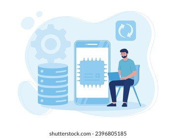 man managing and backing up database with laptop trending concept flat illustration