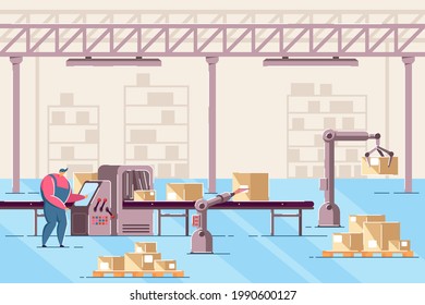 Man managing conveyor in warehouse flat vector illustration. Male worker working with line of automatic box packing. Guy in room with digital machines. Factory, automation manufacture process concept