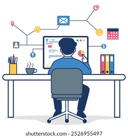 Man Managing Digital Workflow with Desktop Icons