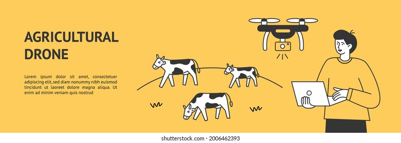 Man managing a drone that monitoring livestock. Smart farming. template for web and print. Vector line illustration.