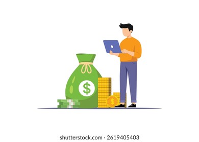 Man managing finances online with laptop and money bag. Digital finance management concept. Vector flat design isolated