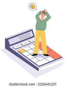 Hombre manejando sus finanzas personales usando calculadora. Ahorra e invierte dinero, calcula los ingresos. Calculadora, monedas para el recuento de ingresos. Ganancia y riqueza en efectivo. Éxito de la economía y crecimiento de los negocios