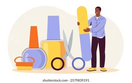 Man with manicure items. Man near nail polish, scissors and nail file. Manicurist and stylist. Beauty treatment. Manicure and pedicure. Aesthetics and elegance. Flat vector illustration