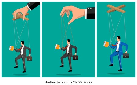 Hombre manipulado controlando la mano como una marioneta. Concepto de control, manipulación e impotencia en los negocios y la vida.