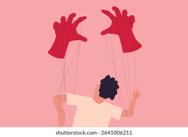 Man manipulated by hands string illustration