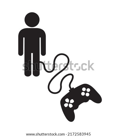 Man is manipulated and controlled by joystick and gamepad. Human as character of play, computer game and videogame. Vector illustration isolated on white.