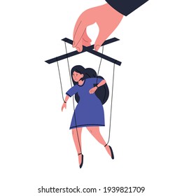 The man manipulates and abuses the relationship with the woman. Manipulation by a man's hand. An unhealthy toxic relationship in a couple. Flat cartoon character isolated on white background. Vector 