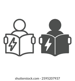 Man with manual book and lightning line and solid icon, electrical service concept. Vector graphics. Electrician with report book sign on white background, outline style icon for mobile or web design