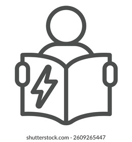 Man with manual book and lightning line icon, electrical service concept. Vector graphics. Electrician with report book sign on white background, outline style icon for mobile or web design