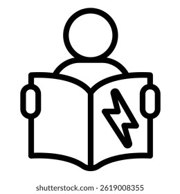 Man with manual book and lightning line icon, electrical service concept. Vector graphics. Electrician with report book sign on white background, style mobile or design