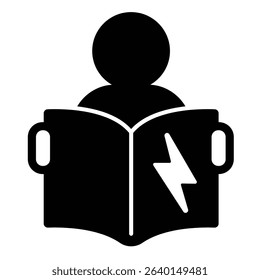 Man with manual book and lightning solid icon, electrical service concept. Vector graphics. Electrician with report book sign on white background, style mobile or design