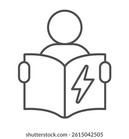 Man with manual book and lightning thin line icon, electrical service concept. Vector graphics. Electrician with report book sign on white background, outline style icon for mobile or web design