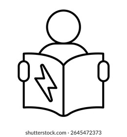 Homem com livro manual e ícone de linha fina relâmpago, conceito de serviço elétrico. Gráficos vetoriais. Eletricista com sinal de livro de relatório no fundo branco, móvel estilo ou design