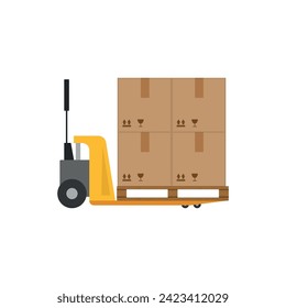 A man with a manual forklift with a pallet of boxes on it. Vector illustration